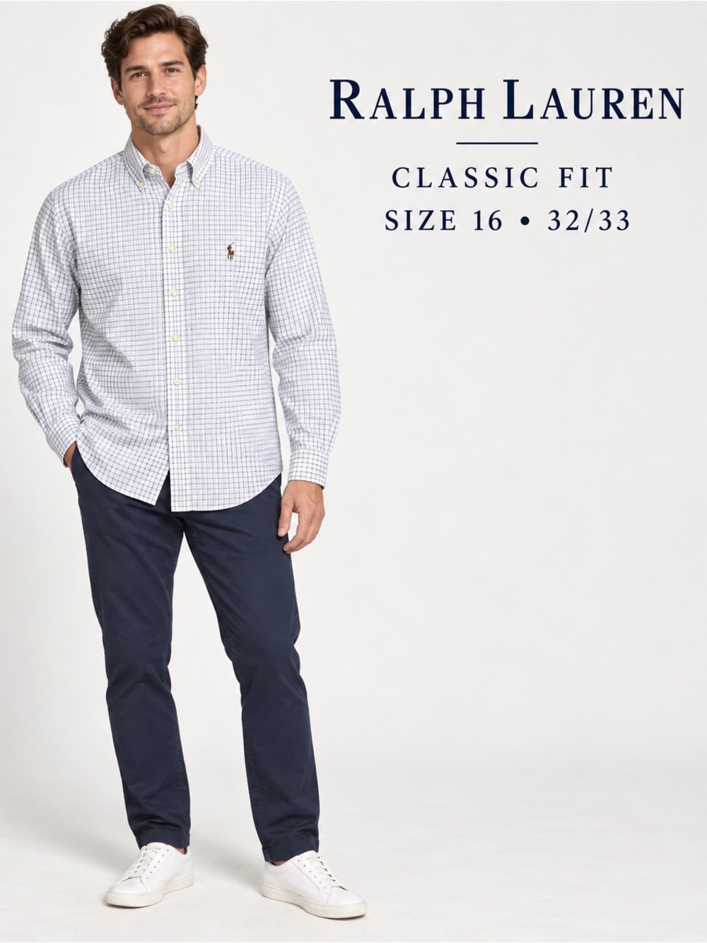 Ralph Lauren Men’s Classic Fit Blue Check Button-Down Shirt 16 32/33